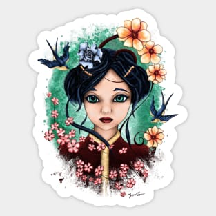 Bright geisha girl portrait, spring illustration Sticker